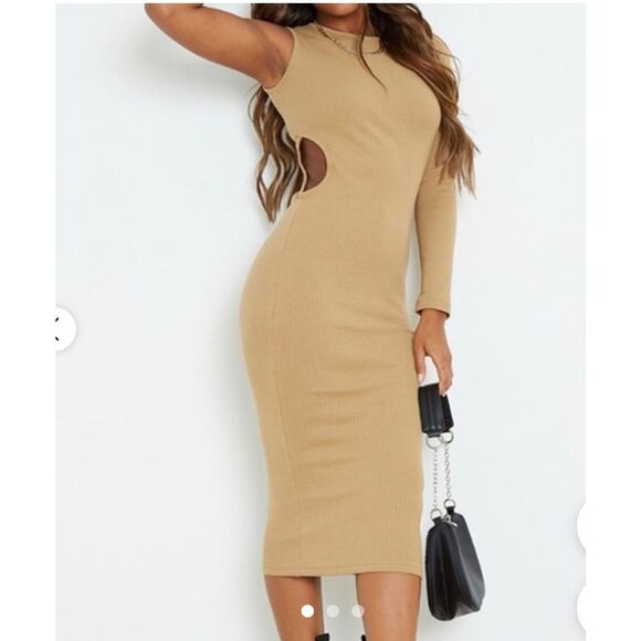 Pretty Little Thing  NWT tan size 14 dress one sleeve cut outs - Picture 3 of 11